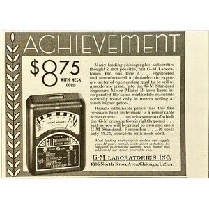 G-M Laboratories Photoelectric Exposure Meter "Achievement" VTG Print Ad 1941